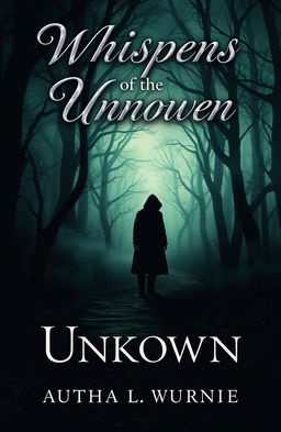 A captivating and mysterious book cover design featuring a dark forest with ethereal mist swirling amongst ancient trees