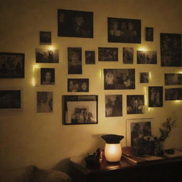 A dimly lit room in a house, with pictures pinned to the wall and marked with highlighter.