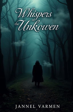 A captivating and mysterious book cover design featuring a dark forest with ethereal mist swirling amongst ancient trees