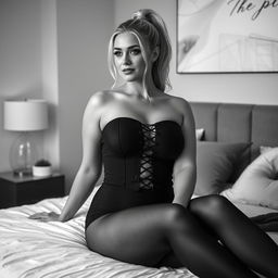 A monochrome photo showcasing a stylish 40-year-old curvy woman with blonde hair tied up in a sleek ponytail