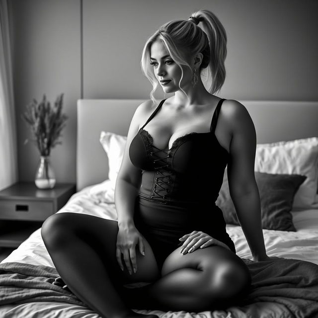 A monochrome photo showcasing a stylish 40-year-old curvy woman with blonde hair tied up in a sleek ponytail