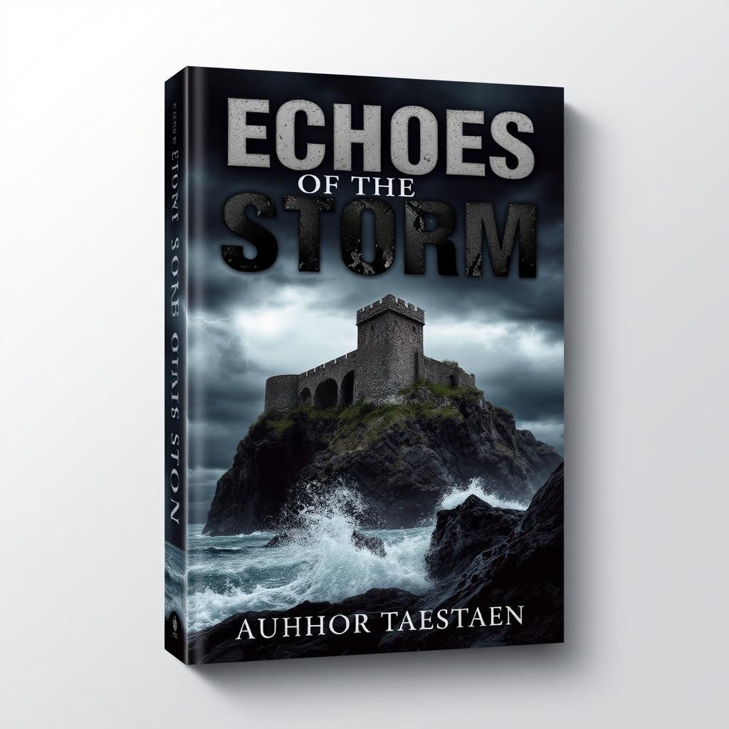 An intriguing and atmospheric book cover design showcasing an ancient, weathered castle atop a steep cliff against a stormy sky