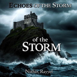 An intriguing and atmospheric book cover design showcasing an ancient, weathered castle atop a steep cliff against a stormy sky
