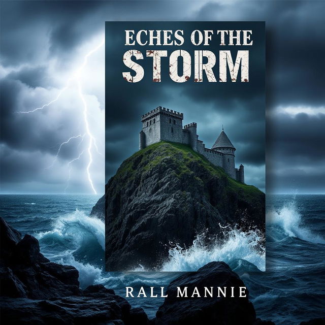 An intriguing and atmospheric book cover design showcasing an ancient, weathered castle atop a steep cliff against a stormy sky