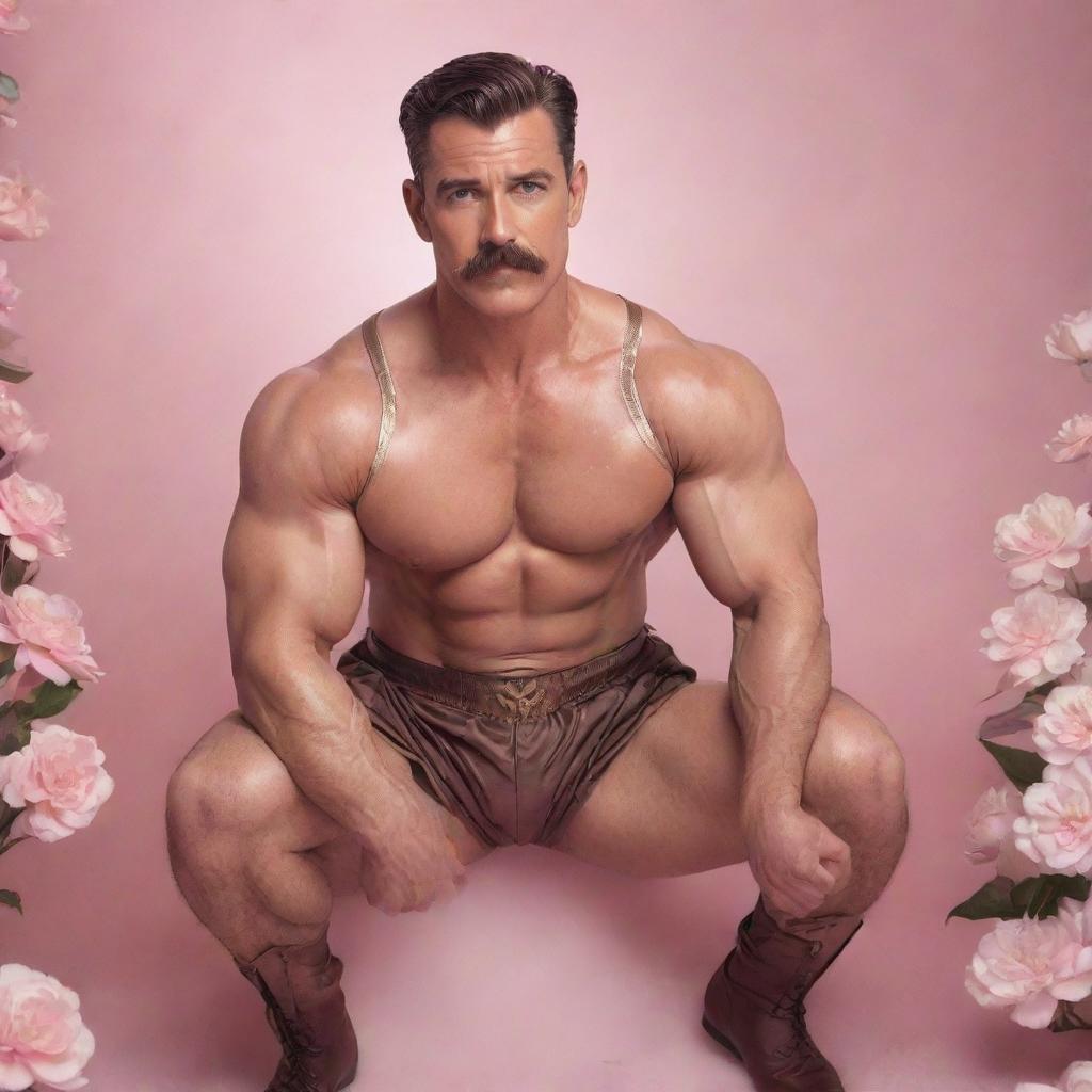 A photorealistic, high-definition image of a muscular man in his 40s with a modern pompadour and mustache, crouched in a lively pose. He is wearing a brown Sailor Moon silk outfit, set against an infinite background of white flowers and arabesques amidst a pink mist with flashes of golden sunlight.