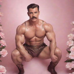 A photorealistic, high-definition image of a muscular man in his 40s with a modern pompadour and mustache, crouched in a lively pose. He is wearing a brown Sailor Moon silk outfit, set against an infinite background of white flowers and arabesques amidst a pink mist with flashes of golden sunlight.