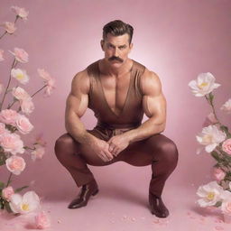 A photorealistic, high-definition image of a muscular man in his 40s with a modern pompadour and mustache, crouched in a lively pose. He is wearing a brown Sailor Moon silk outfit, set against an infinite background of white flowers and arabesques amidst a pink mist with flashes of golden sunlight.