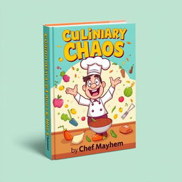 A vibrant and whimsical book cover design for 'Culinary Chaos' by Chef Mayhem, portraying a humorous kitchen scene