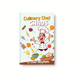 A vibrant and whimsical book cover design for 'Culinary Chaos' by Chef Mayhem, portraying a humorous kitchen scene