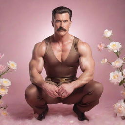 A photorealistic, high-definition image of a muscular man in his 40s with a modern pompadour and mustache, crouched in a lively pose. He is wearing a brown Sailor Moon silk outfit, set against an infinite background of white flowers and arabesques amidst a pink mist with flashes of golden sunlight.