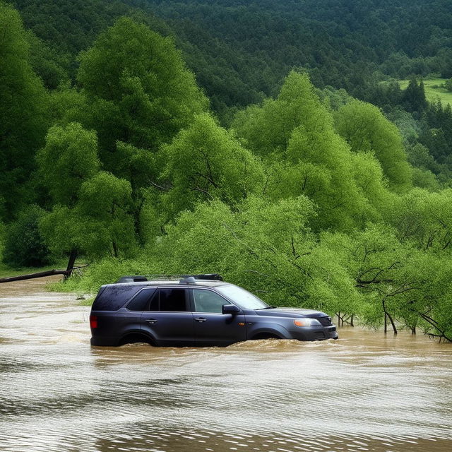 An SUV caught in the tumultuous currents of a flooded river, painting a dramatic picture of nature's wrath.