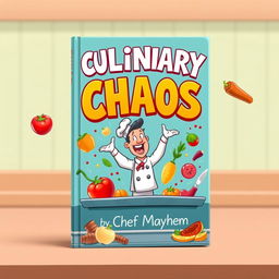 A vibrant and whimsical book cover design for 'Culinary Chaos' by Chef Mayhem, portraying a humorous kitchen scene