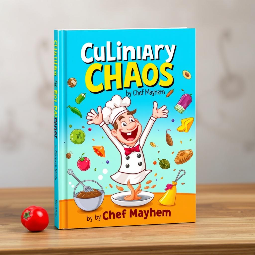 A vibrant and whimsical book cover design for 'Culinary Chaos' by Chef Mayhem, portraying a humorous kitchen scene