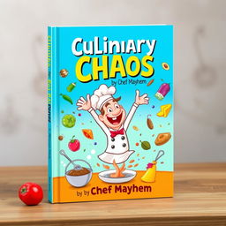 A vibrant and whimsical book cover design for 'Culinary Chaos' by Chef Mayhem, portraying a humorous kitchen scene