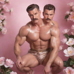 A photorealistic, high-definition image of a muscular man in his 40s with a modern pompadour and mustache, crouched in a lively pose. He is wearing a brown Sailor Moon silk outfit, set against an infinite background of white flowers and arabesques amidst a pink mist with flashes of golden sunlight.