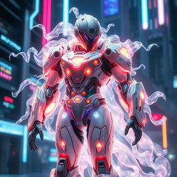 A futuristic character made entirely of ethereal gas, wearing a highly advanced mech suit that appears to be both sleek and powerful