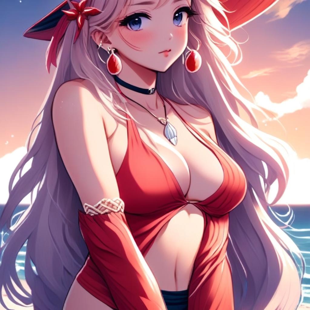 Detailed anime-style profile picture of a beautiful girl with sunset-hued hair at a serene beach, wearing intricate red swimwear and a seashell necklace.