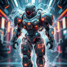 A futuristic character made entirely of ethereal gas, wearing a highly advanced mech suit that appears to be both sleek and powerful