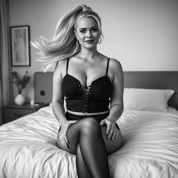 A monochrome photograph capturing a stylish 40-year-old curvy woman with flowing blonde hair styled in a sleek ponytail