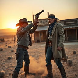 A tense standoff between two cowboys in a dusty, wild west setting