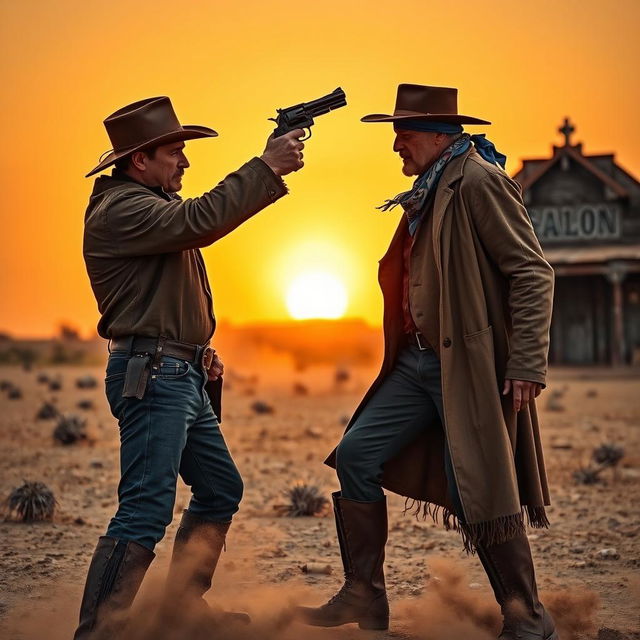 A tense standoff between two cowboys in a dusty, wild west setting