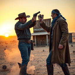 A tense standoff between two cowboys in a dusty, wild west setting