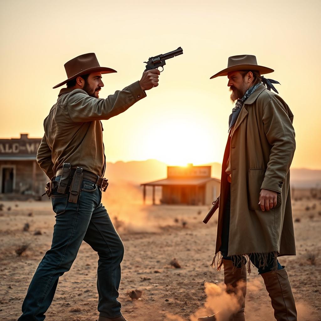 A tense standoff between two cowboys in a dusty, wild west setting