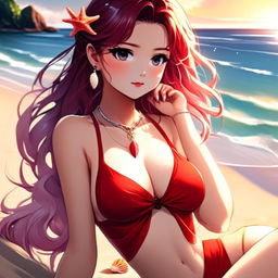 Detailed anime-style profile picture of a beautiful girl with sunset-hued hair at a serene beach, wearing intricate red swimwear and a seashell necklace.