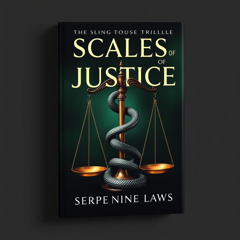 A striking book cover design for 'Scales of Justice' by Serpentine Laws, featuring a snake motif intertwined with the traditional scales of justice