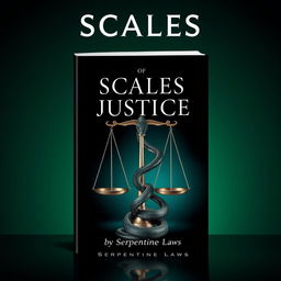 A striking book cover design for 'Scales of Justice' by Serpentine Laws, featuring a snake motif intertwined with the traditional scales of justice