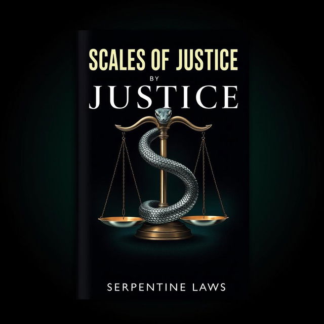 A striking book cover design for 'Scales of Justice' by Serpentine Laws, featuring a snake motif intertwined with the traditional scales of justice