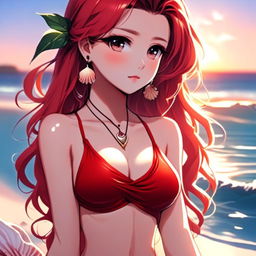 Detailed anime-style profile picture of a beautiful girl with sunset-hued hair at a serene beach, wearing intricate red swimwear and a seashell necklace.