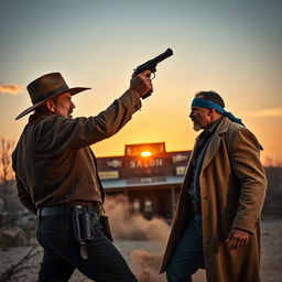 A dramatic showdown between two cowboys in a rugged wild west environment