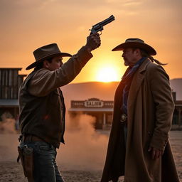 A dramatic showdown between two cowboys in a rugged wild west environment