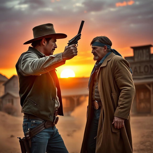 A dramatic showdown between two cowboys in a rugged wild west environment