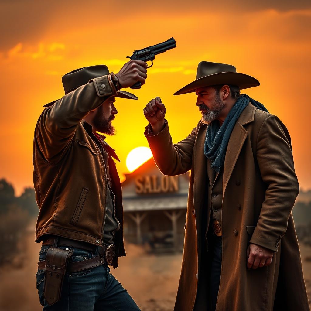 A dramatic showdown between two cowboys in a rugged wild west environment