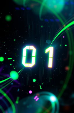 A vibrant and visually captivating digital art piece representing binary code, with glowing numbers transitioning smoothly from 0 to 1 against a dark, starry background
