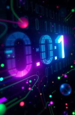A vibrant and visually captivating digital art piece representing binary code, with glowing numbers transitioning smoothly from 0 to 1 against a dark, starry background