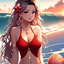 Detailed anime-style profile picture of a beautiful girl with sunset-hued hair at a serene beach, wearing intricate red swimwear and a seashell necklace.