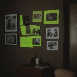 A dark room in a house with photographs pinned to the wall and marked with a highlighter.