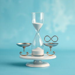 A tranquil scene showcasing a beautifully crafted hourglass on an elegant weighing scale, where the opposite side bears a graceful infinity symbol