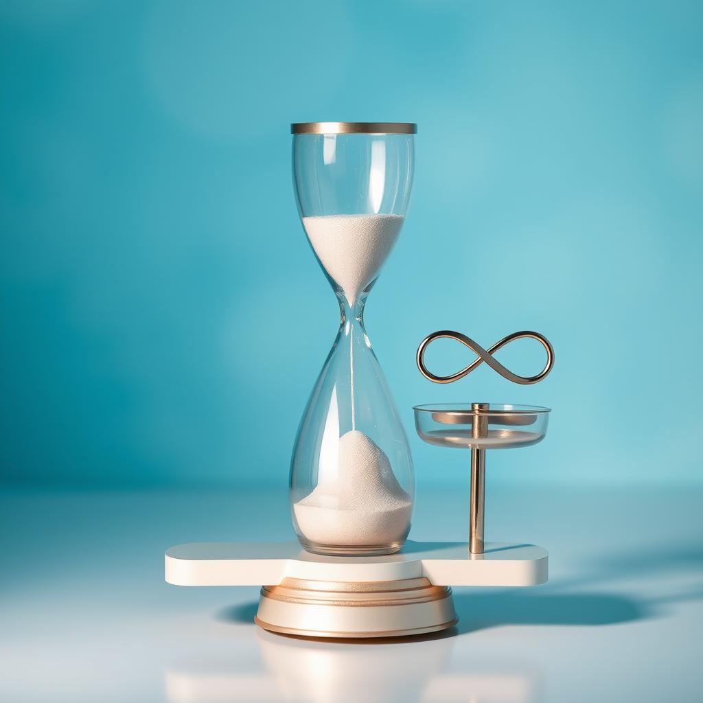 A tranquil scene showcasing a beautifully crafted hourglass on an elegant weighing scale, where the opposite side bears a graceful infinity symbol