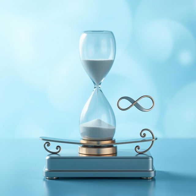 A tranquil scene showcasing a beautifully crafted hourglass on an elegant weighing scale, where the opposite side bears a graceful infinity symbol