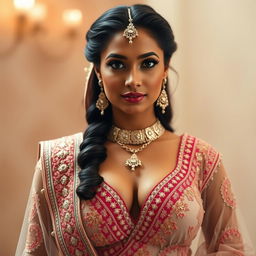 A stunning Indian woman in a sexy bridal outfit, featuring a deep neckline that accentuates her curves