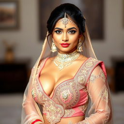 A stunning Indian woman in a sexy bridal outfit, featuring a deep neckline that accentuates her curves