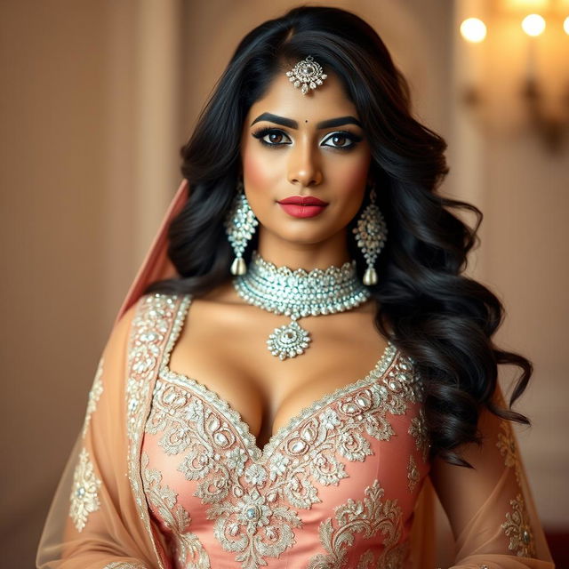 A stunning Indian woman in a sexy bridal outfit, featuring a deep neckline that accentuates her curves