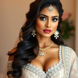 A stunning Indian woman in a sexy bridal outfit, featuring a deep neckline that accentuates her curves