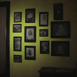 A dark room in a house with photographs pinned to the wall and marked with a highlighter.