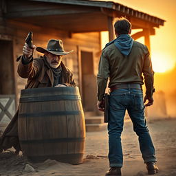 A dramatic and suspenseful scene depicting a cowboy stealthily raising his revolver towards another unsuspecting cowboy
