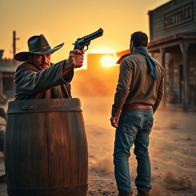 A dramatic and suspenseful scene depicting a cowboy stealthily raising his revolver towards another unsuspecting cowboy